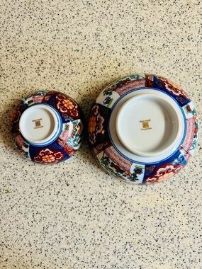 2PC. Vintage Japanese Hand Painted Imari Porcelain Bowl Set.Blue Red + Gold